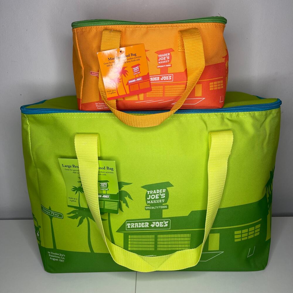 Set of 2 Trader Joe’s Insulated Cooler Bags — Large + Mini — Lime Green + Orange
